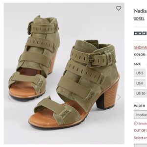 NWOT Sorel Nadia buckle II, size 9 heeled sandals in olive 3”heel